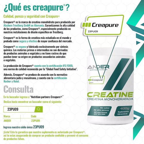 Creatina Monohidratada 100% Pura Formula Alemana 400gr Ander