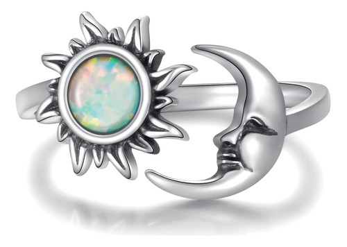 Opal And Moon Ring Adjustable 925 Sterling Silver Crescent M