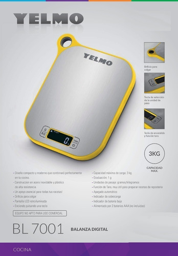 Imagen 6 de 6 de Balanza De Cocina Digital Yelmo Bl7001 H/3 Kilos Para Colgar