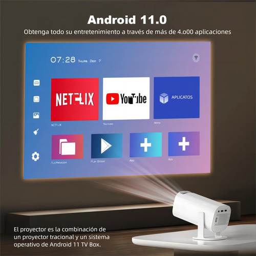 Proyector Inteligente Portátil 4k Hd Con Android 11, Wifi 6 Y Bluetooth, Ideal Para Cine En Casa, Oficina Y Actividades Al Aire Libre, Incluye 2 Mandos De Juego Y Más De 35,000+ Juegos