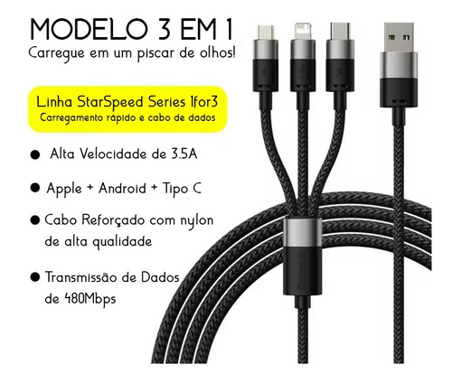 Cabo Baseus 3 In Lightning Micro Tipo C 1.2m Turbo 3.5a Fast