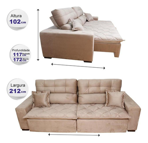 Sofá 2,12m Retrátil E Reclinável Cama Inbox Confort Castor Desenho do tecido Liso