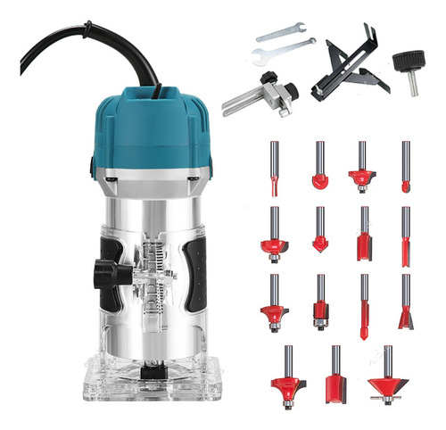 Router de inmersión QueenTrade 039476, 800 W, 110 V, 30 000 RPM, profundidad de corte de 8 mm, incluye 15 brocas y 2 escobillas de carbón, diseño compacto de 1 kg.