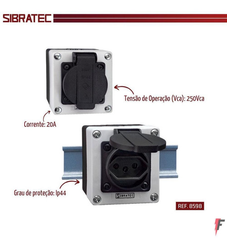 Imagem 2 de 4 de Tomada Sibratec Sobrepor 2p+t 20a Trilho Din 8598