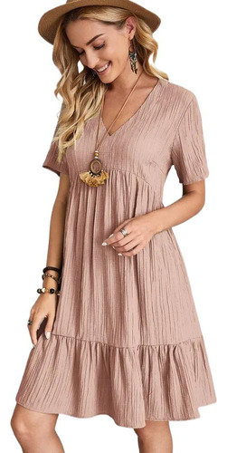 Vestido Midi De Manga Corta Con Cuello En V Para Mujer
