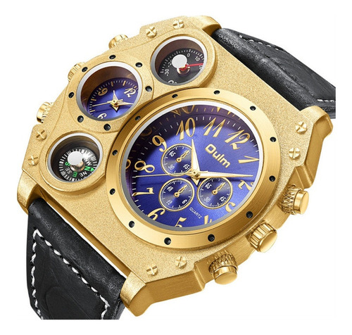 Relógios De Couro De Quartzo De Luxo Oulm Fashion Cor Do Fundo Dourado/azul