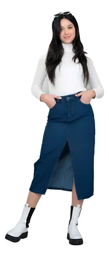 comprar Falda Pollera Jean Larga Tajo Mujer Azul Stone Tiro Alto 207