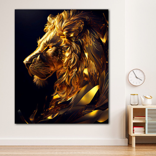 Cuadro Leon Rey Dorado Fondo Negro Canvas 130x90 Animal 101