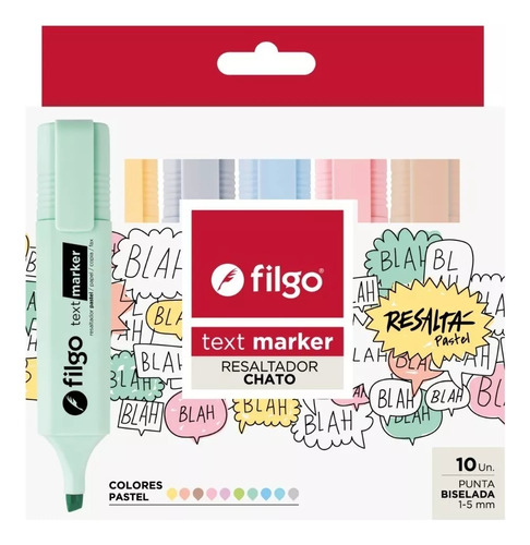 Resaltador Filgo Text Marker Pastel Pack 10 Colores Estuche