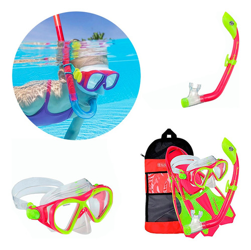 Kit Buceo Niños Us Divers Máscara Snorkel Aletas Bolsa Rosa