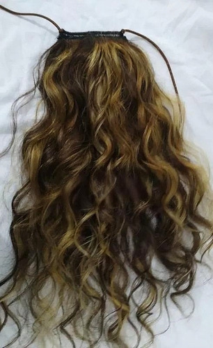 Aplique Rabo De Cavalo Cabelo Humano Mechas Loiras E Tic-tac Castanho Com Mechas Loiras - Mechado