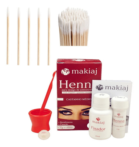 Kit Design Sobrancelha Henna Makiaj E 100 Aplicador Madeira Cor Castanho Médio