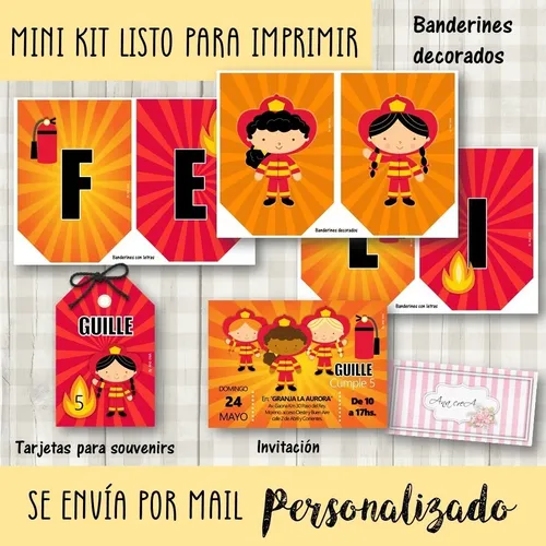 comprar Kit Imprimible Básico Cumple Bomberita Mod.1 Bomberos Nena