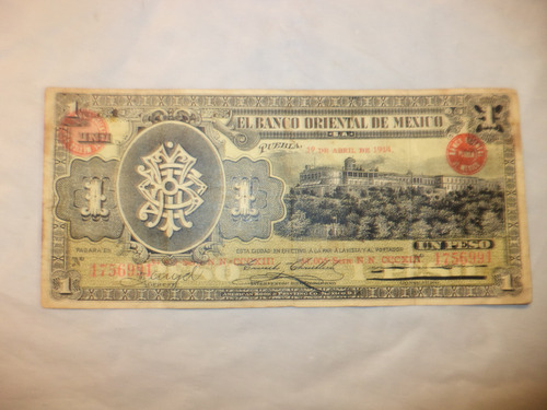 Billete Un Peso. Banco Oriental De México. Puebla. 1914 (Usado)