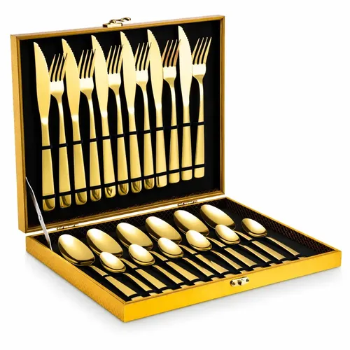 Kit talheres Dourado Luxo Jogo de Talheres Inox 24 Peças  + Maleta