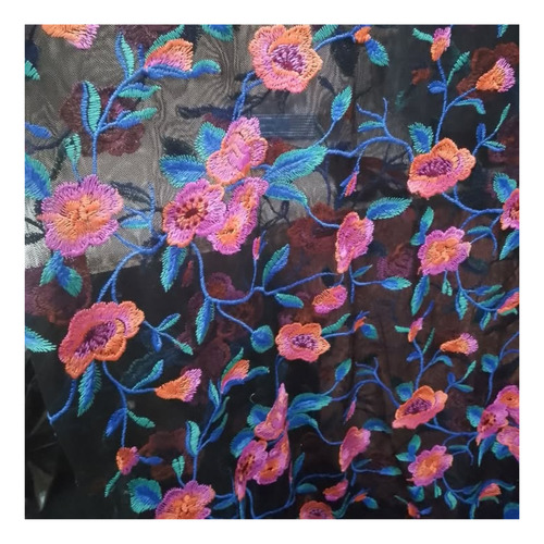 Tela Tul Bordado Flores Rosas Y Turquesa Negro Base Flores Rosa Y Turquesa