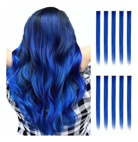 Set De 10 Extensiones De Cabello Color Con Clip Niña Princes Color AZUL_REAL