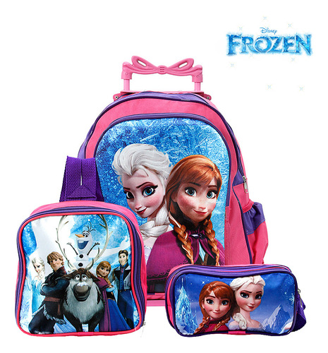 Kit Mochila Escolar Infantil Rosa Frozen Elsa E Anna Rodinha