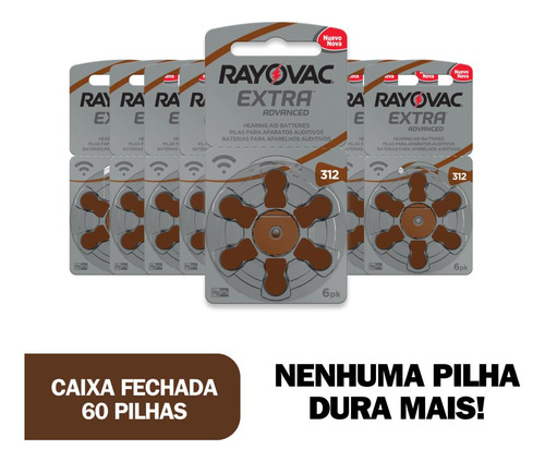 60 Pilhas Auditivas 312 - Rayovac Dura Mais