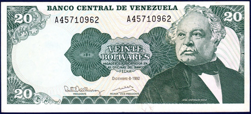 Billete 20 Bolívares A8 Diciembre 8 1992 José Antonio Páez (Usado)