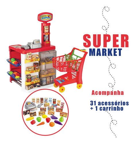 Mercadinho Infantil Completo Super Market C/ Carrinho Cor Vermelho