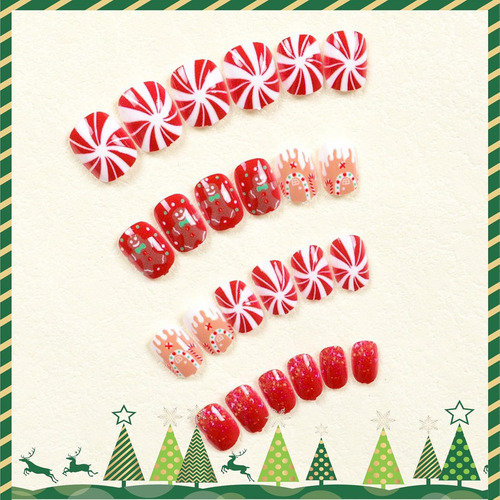 Uñas Postizas Cortas A Presión De Navidad, Uñas Postizas Cua