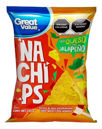 3 Pza Botana Great Value Nachips Sabor Queso Y Chile Jalapeñ