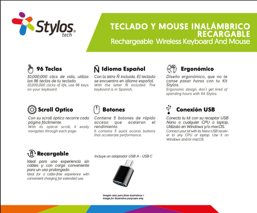 Teclado Y Mouse Stylos Español Inalámbrico Kit Teclado Ñ Plateado Plateado