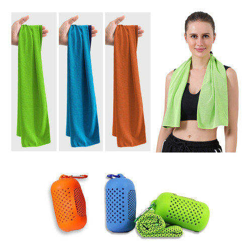 Toalla Deportiva Refrescante De Secado Rápido Con Funda De 90 X 30 Cm, 3pcs Color Naranja + Azul + Verde