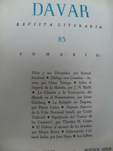 Davar Revista Literaria Nº 85 -  Abril Mayo Junio 1960