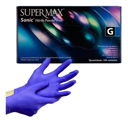 Luva Supermax Nitrilo Azul Sonic G S/ Pó Caixa 100und
