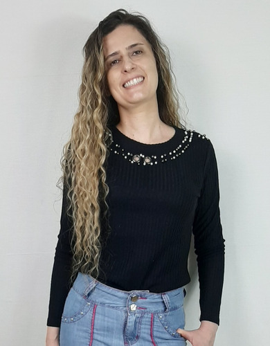 Imagem 2 de 3 de Blusa Feminina Trico Canelada Pedraria Moda Evangélica
