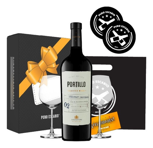 Kit Box Vino Portillo Cb Sauvignon 750ml + Copas Experiencia