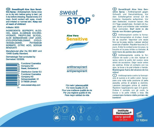 Imagen 1 de 1 de Sweatstop® Aloe Vera Sensitive Spray Corporal - Sudoración 