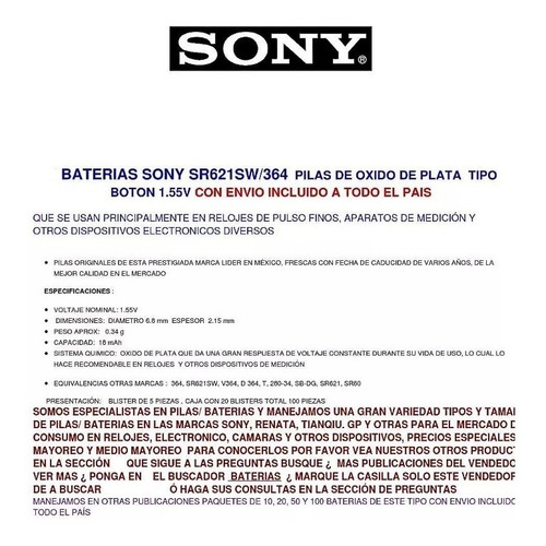 20 Pilas Sr621sw 364 Sony Oxido De Plata Originales Carrito