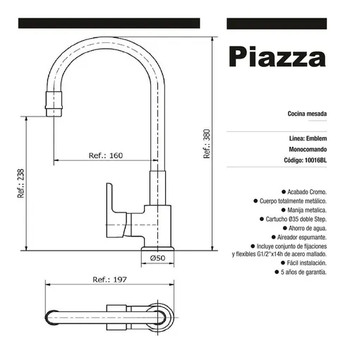 Grifo Cocina Piazza Monocomando Pico Extensible Rociador Acabado Cromado  Color Cromo