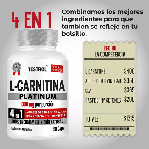 L-carnitina Platinum 1000mg | 4 En 1 | Testrol 90 Cap Sabor Sin sabor