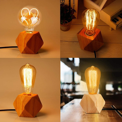 Imagen 4 de 4 de Porta Lampara Retro Vintage De Mesa Bambú Filamento