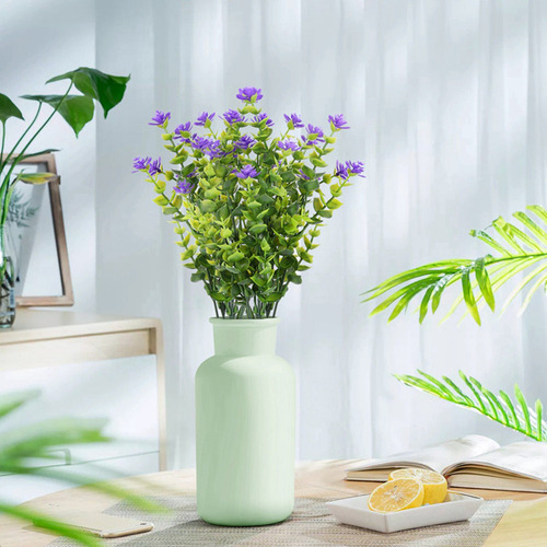 4 Plantas Artificiales, Arbustos Verdes, Flores Moradas