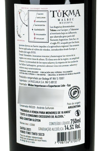 Vinho Tinto Malbec Reserva Tukma 750ml