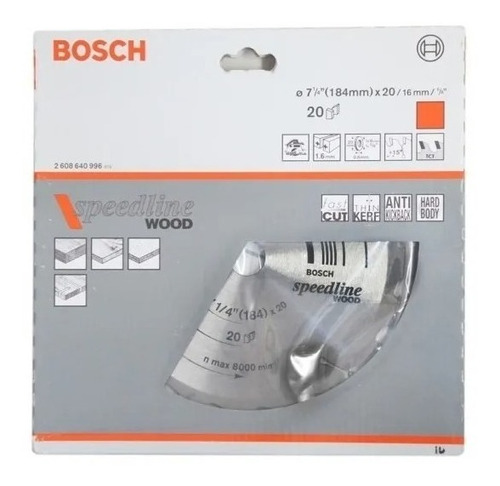 Hoja Sierra Circular 184 Mm Bosch 20 Diente Cor Rapido 7 1/4