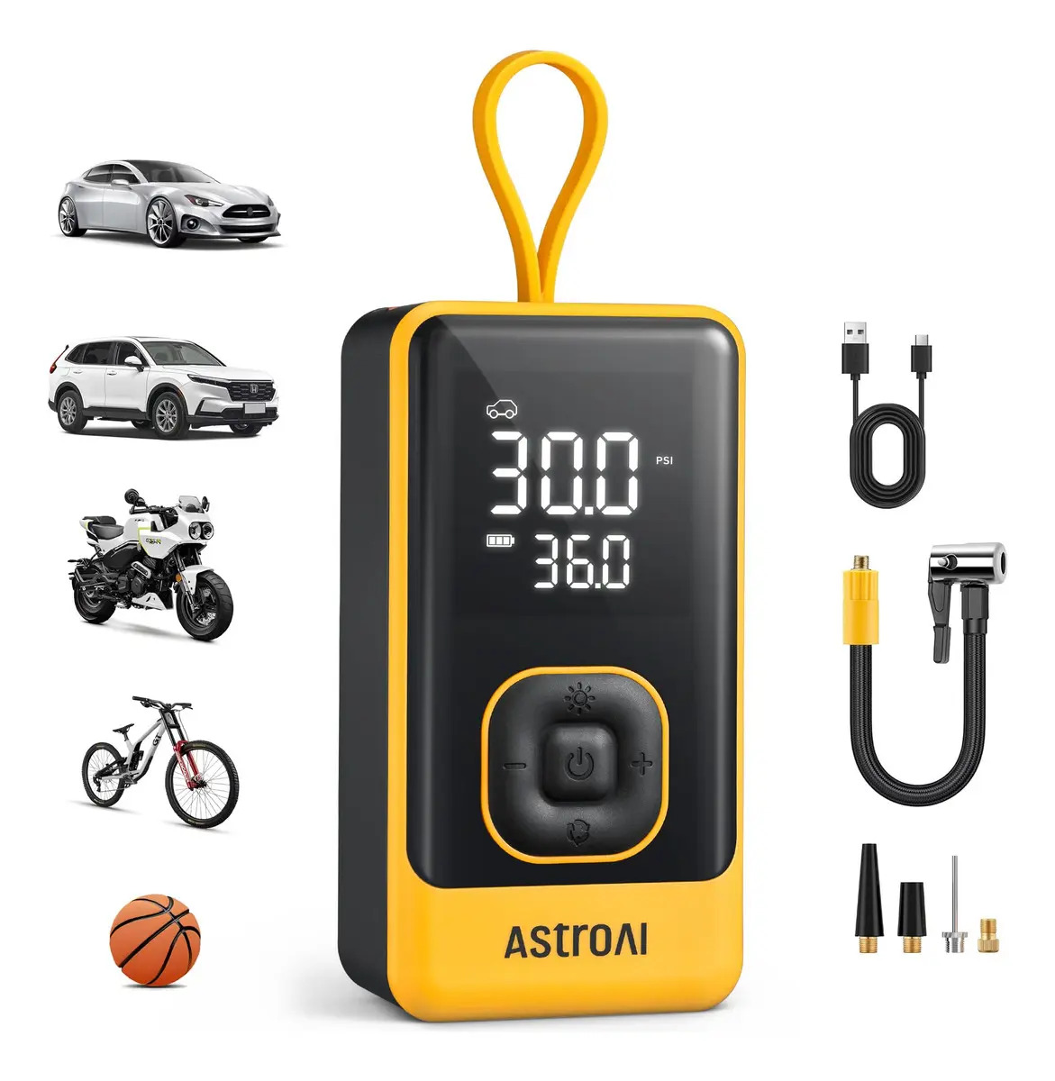 Astroai L7 - Inflador De Neumáticos Portátil, Compresor D. Color Amarillo