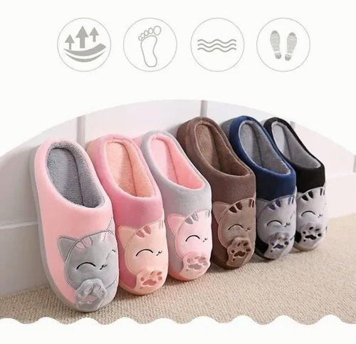Imagen 5 de 10 de Pantuflas Peluche Gatos Lindas Cómodas Mujer Hombre Parejas