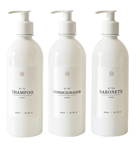 Kit 3pçs Frascos Branco Shampoo Cond Sab 500ml Banheiro Luxo