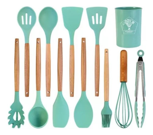Set 12 Utensilios De Cocina Silicona Resistente Calor Verde