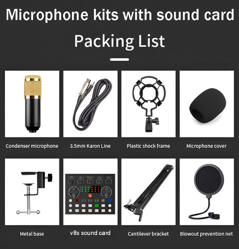 Micrófono Condenser Bm-800 + Tarjeta De Sonido Bluetooth V8s Negro