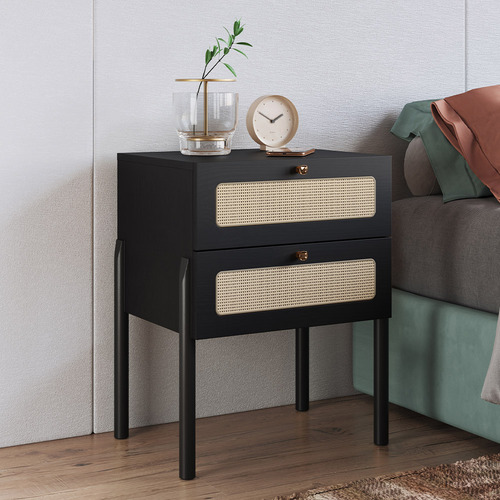 Mesa Cabeceira 02 Gaveta Telinha Pés Madeira Moss Nero Preto