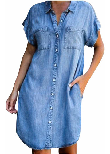 Vestido Mujer Vestido Manga Corta Slim Color Sólido Denim 42