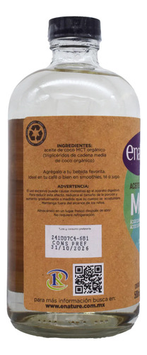 Aceite De Coco Mct Organico 500 Ml + Energía + Quema Grasa