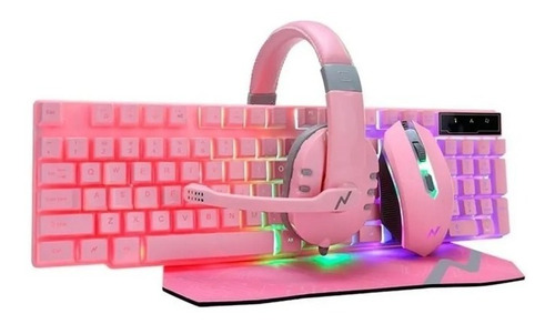 Combo Teclado Mouse Auricular Y Pad Rosa Led Rgb Noga 411